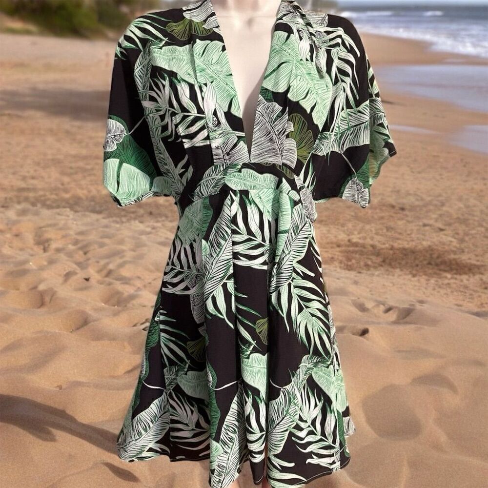 Floerns Tropical Leaf Print V-Neck Cut Out Back Dress Flutter Sleeve Tie-Back